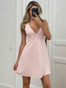 Aloruh Robe mi-mollet sans manches à décolleté en V profond avec accent nœud, couleur unie pour femmes - Rose bonbon - Voir 3