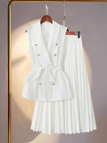 SHEIN Clasi Conjunto traje de chaleco de doble botonadura unicolor y falda plisada para mujer