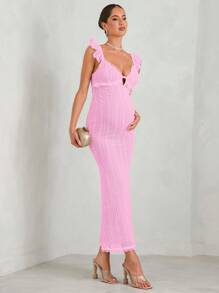 MaterniChic Maternity Sexy Crochet Textured Off-Shoulder Dress With Hollow Back And Elegant Hemline, Suitable For Party, Wedding, Formal Occasions