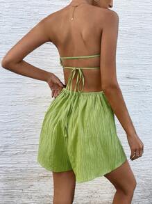 SHEIN VCAY Summer Outing Holiday Dating Romper, Summer Side Hollowed-Out Pleated Waist Casual Texture With Chest Romper, Summer Holiday Beach Romper, Back To School Dress, Very Simple Dress, Office Dress, Old Money Dress, Teacher Dress, Dating Dress, Going Out For Wedding Season BFF Afternoon Tea Party Festival Romper, Going Out For Music Festival Romper - Green - View 2