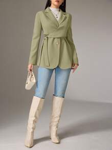 Heiryn Women Solid Color Lapel Long Sleeve Side Knot Blazer Back To School In Fall/Winter - Olive Green - View 3