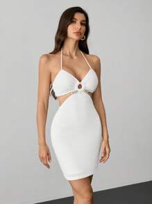 SHEIN Tall Knitted Jacquard Beaded Details Tassel Tassel Strap Sexy Waist Hollow Back Halter Neck Tight Dress Sexy Holiday Style