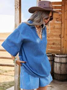 Breezaya 女士休闲落肩宽松牛仔衬衫 - 藍色 - 查看 7