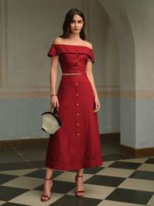 ZEYLAH 女士休闲通勤纯色前扣亚麻 A 字裙 - 酒紅色 - 查看 3