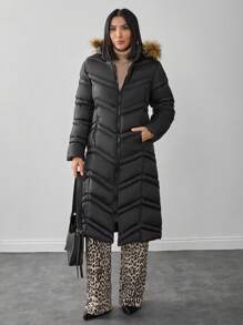 EURMUSE Women Solid Color Soft Touch Hooded Detailed Long Winter Coat Women's Clothes Work Outfits Winter Clothes For Women Winter Outfits For Women Winter Clothes Long Winter Coat For Women's Winter Coats Long Puffer Coat With Hood Women's Puffer Jacket Winter Jacket For Women - Black - View 3
