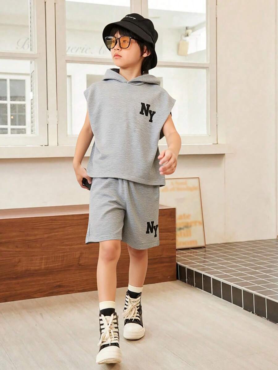 SHEIN Tween Boy Sleeveless Hooded Letter Print Tank Top And Sports Shorts Set - Grey - View 1