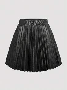 Calvaya 女士高腰百褶裙，黑色仿皮裙，优雅百搭，凸显身材