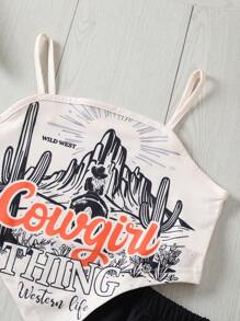 2025 Spring/Summer New Collection Casual & Comfortable Asymmetrical Hem Western Printed Camisole Top Paired With Black A-Line Pants, Tween Girl 2 Pieces Set, Suitable For Daily Wear, Outings, And Family Gatherings