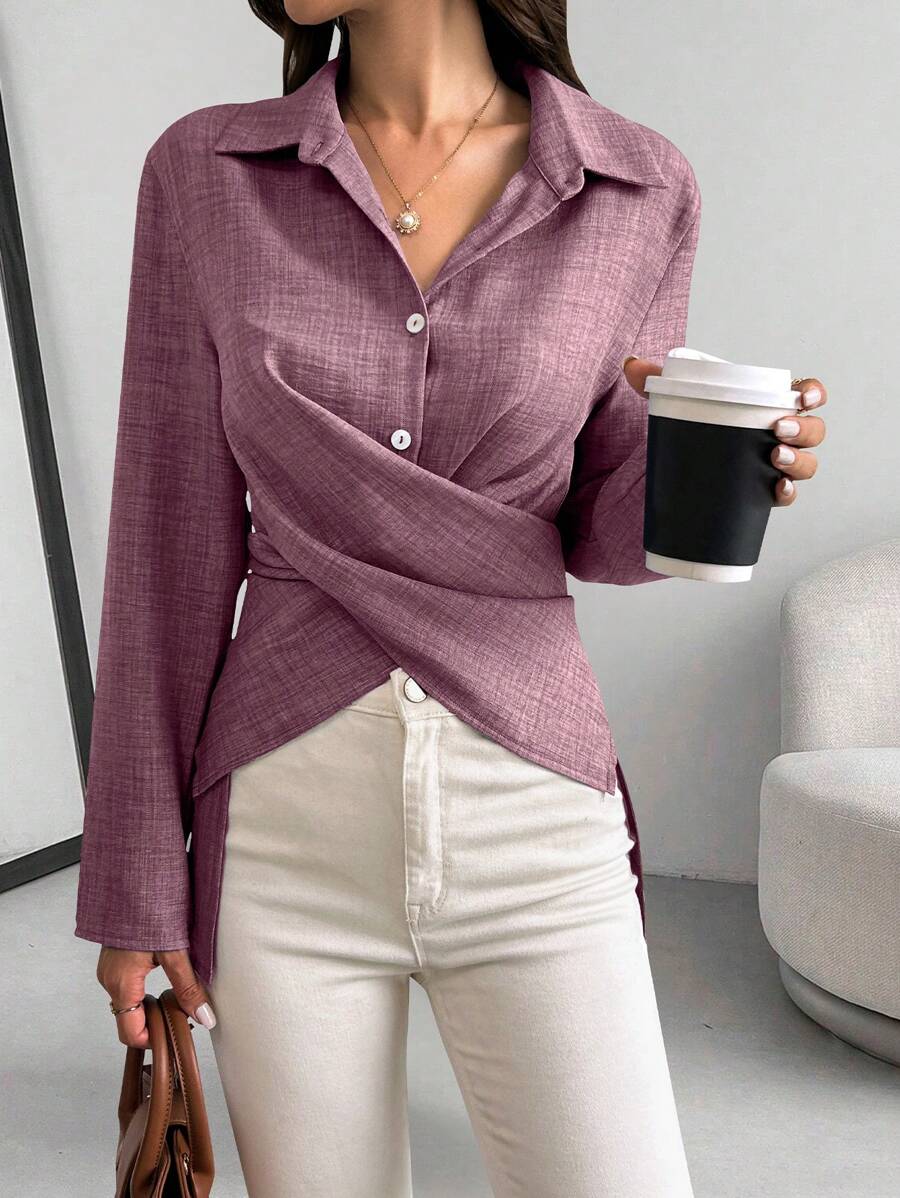 Calvaya Camisa casual de trabajo de mujer de un solo pecho con abertura cruzada y manga larga de unicolor