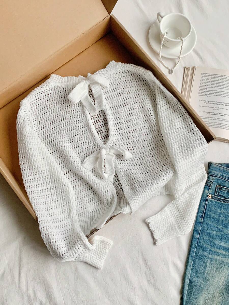 Comfortcana Trang phục bãi biển cho phụ nữ  Summer Bow Tie Women Casual Solid Color Hollow Out Crochet Lace Up Sweater - trắng - Xem 1