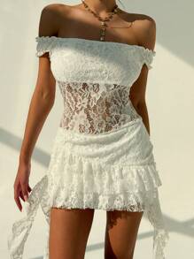 Aloruh 女士优雅花卉蕾丝拼布露肩迷你连衣裙 - 白色 - 查看 6