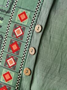 Rusticease Plus Size Round Neck Batwing Sleeve Front Button Geometric Pattern Vacation Linen Blouse Country Spring For Women Summer For Women - Multicolor - View 6