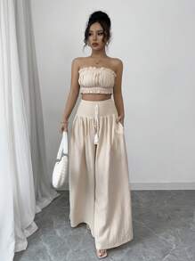 Elenzga Women's Vacation Outfit Set: Soft Cotton Apricot Cropped Tube Top + Loose Wide-Leg Long Pants - Apricot - View 6