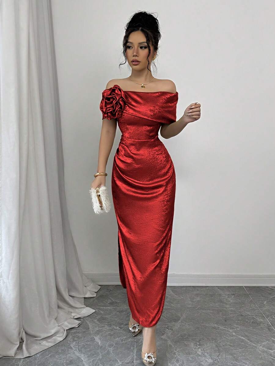 Elenzga 奢华女士晚礼服，优雅派对风格金色二合一 3D 花卉露肩褶皱开衩连衣裙