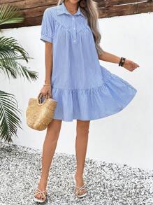 SHEIN LUNE 女士条纹短袖纽扣半襟荷叶边下摆休闲衬衫裙 - 藍白色 - 查看 3