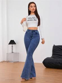 SHEIN Tall Solid Color Pocket Button Zipper Wide-Leg Jeans, Suitable For Everyday Wear - Dark Wash - View 6