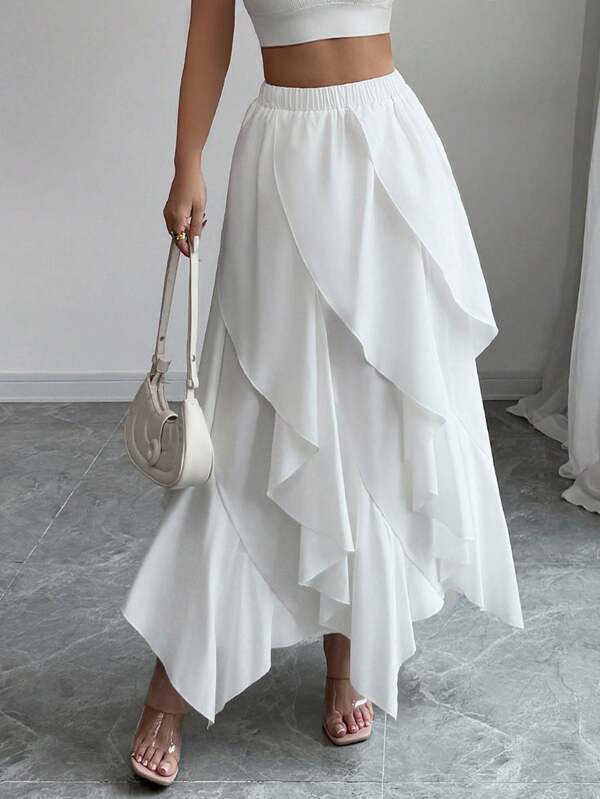 Elenzga Elegant Resort Solid Color Ruched Layered Elastic Waist Women Skirt