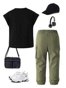 SHEIN 2件套男童短袖纯色圆领T恤和裤子套装 - 彩色 - 查看 2