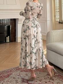 DAZY 2 件套女士夏季玫瑰印花网眼荷叶边露肩上衣和裙子套装，秋季女装 - 杏色 - 查看 2