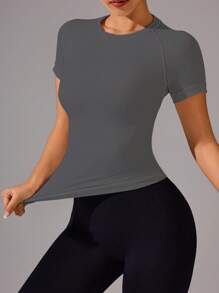 Easithlete Áo thun thể thao nữ liền mạch màu trơn tối giản, thích hợp cho tập yoga và tập luyện, áo bó sát, áo tập gym - Xám - Xem 6