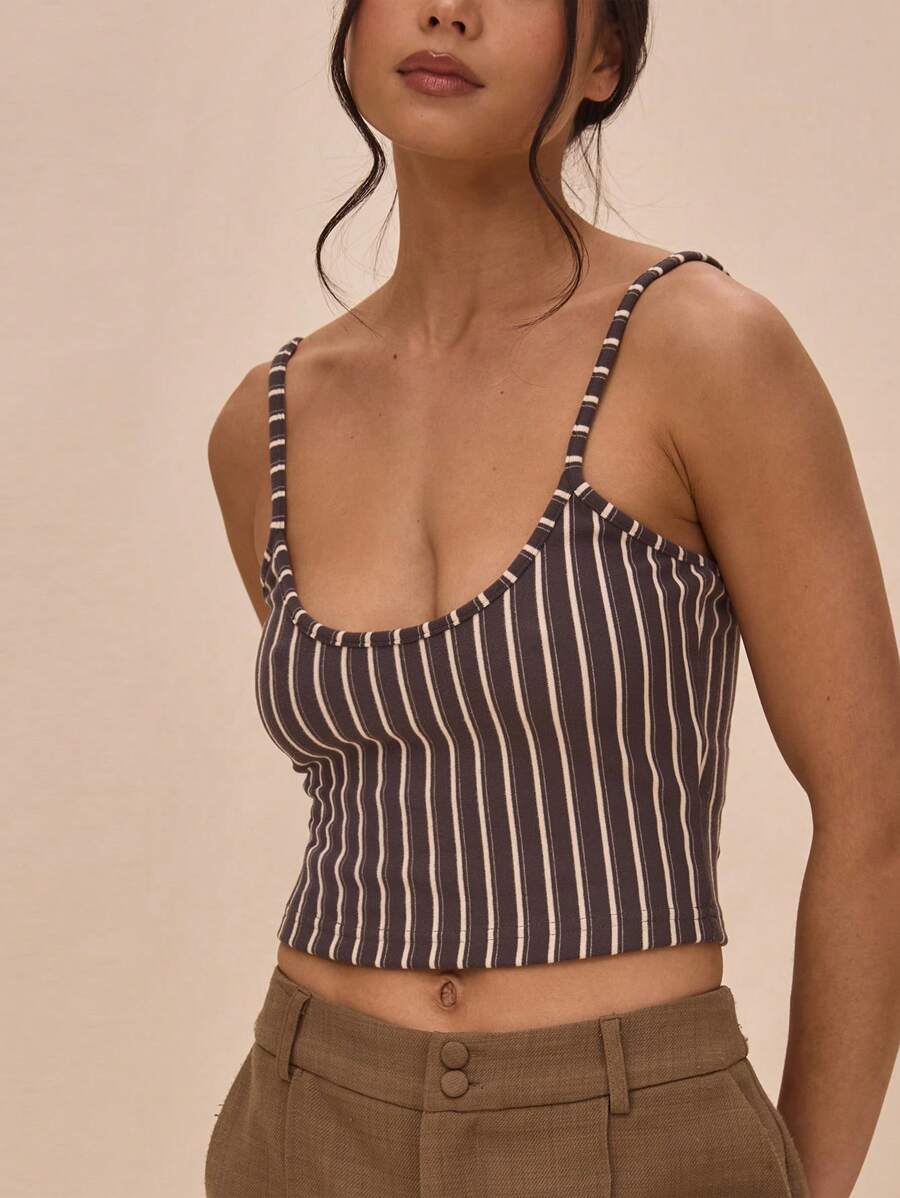 MUSERA Scoop Neck Strap Pinstripe Fitted Cropped Cami Top Cute Sexy Spring Summer Vacation Summer Casual Fall