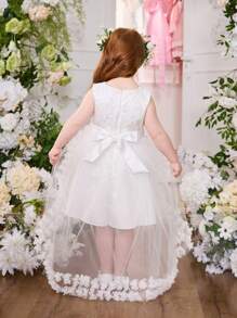 SHEIN Glamorique Kids Vestido de princesa sin mangas de unicolor con lazo en la cintura, falda de tul bordada tipo pastel, adecuado para bodas y fiestas formales