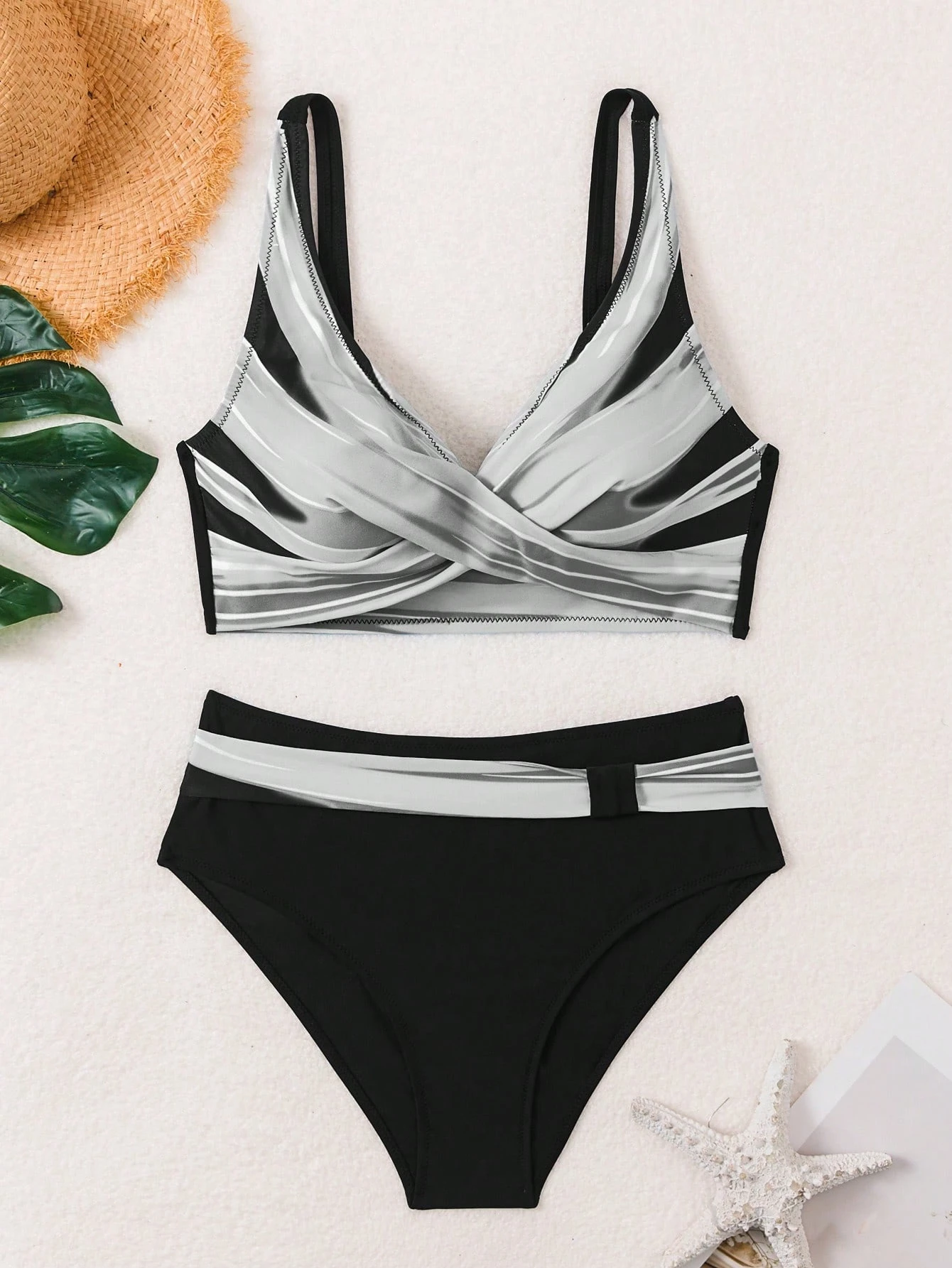 Swim Lushoire 2 Peças Conjunto de Maiô Bikini com Impressão Abstrata, Bloco de Cores, Amarração Frontal Cruzada, Roupa de Banho para Férias na Praia - Multicolorido - Visão 3