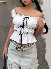 Y2K Ruched Colorblock Cute Casual Cropped Top With Square Neckline, Flattering For Teens/Women, Spring/Summer - Black and White - View 3