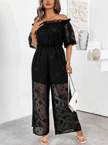 SHEIN Clasi 大码女式露肩玫瑰印花雪纺宽松短袖 A 字连体裤