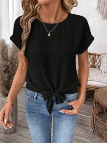 SHEIN LUNE Áo kiểu nữ tay ngắn, màu trơn, buộc dây, kiểu dáng thường ngày, thích hợp cho mùa xuân/hè. - màu đen - Xem 5