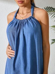 SHEIN 孕妇休闲露背挂脖牛仔连衣裙 - 中等水洗藍 - 查看 4