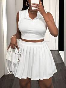 Slaydiva Set de 2 piezas 2025 Nueva temporada: Suéter informal clásico de cuello polo emparejado con falda plisada de ajuste ceñido de gran elasticidad, ropa de calle todo a juego para mujer, talla grande
