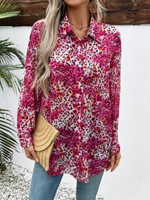 SHEIN LUNE Blusa suelta y casual con bolsillo y estampado de leopardo, uso diario minimalista para mujer - Rosa Fucsia - Ver 3