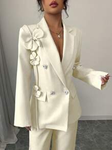 Chiquease New Spring Romantic Regular Shoulder Tailored Rhinestone Double-Breasted Straight Sleeve Women Blazer Jacket With Design Collar Suits For Woman Women Suit Women Suit Fall Cloth For Women