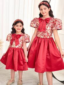 Conjunto de 2 piezas para niña: blusa con mangas abombadas y moño grande en estilo jacquard tejido y falda tejida, para uso en primavera/verano, estilo de fiesta para Ramadán - Rojo - Ver 2