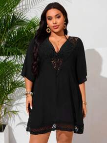 Swim Lushoire 大码女式 V 领花卉拼接性感休闲海滩罩衫 - 黑色 - 查看 3