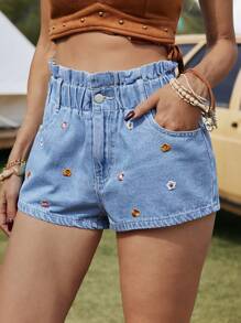 Breezaya Pantalones cortos vaqueros de cintura alta con bordado floral estampado y bolsillo con botón, ropa occidental de estilo bohemio para mujer