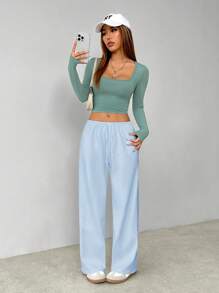 SHEIN PETITE Soft White Knitted Home Pants, Loose Pants - Blue - View 8