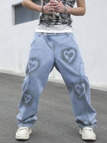 Manfinity Hypemode Men's Loose Heart Print Pocket Wide Leg Casual Jeans - Light Wash - View 5