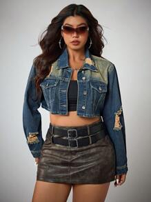 SHEIN ICON Street Fashion Washed Distressed Short Denim Jacket - Dark Wash - View 6