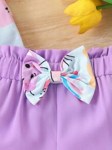 SHEIN 2pcs/Set Young Girls Cute Cat & Rainbow Cartoon Print Short Sleeve T-Shirt Top & Bow Shorts, Casual/Cute/Outdoor, Suitable For School Suitable For Summer