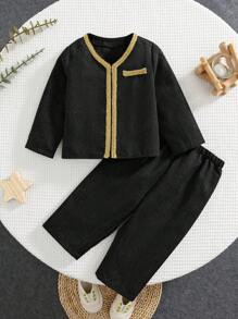 SHEIN 2pcs Set Baby Boy Casual Black With Luxury Gold Ribbon Long Sleeve Shirt And Elastic Waist Pants Set, Suitable For Birthday Party, Evening Party, Performance, Wedding, One-Month, Baptism And 1st Birthday Celebration - Black - View 3