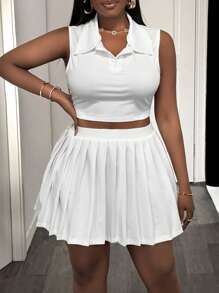 Slaydiva Set de 2 piezas 2025 Nueva temporada: Suéter informal clásico de cuello polo emparejado con falda plisada de ajuste ceñido de gran elasticidad, ropa de calle todo a juego para mujer, talla grande