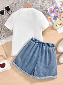 2 件女童休闲可爱牛奶饮料印花白色圆领短袖 T 恤搭配口袋牛仔破洞短裤套装，春夏 - 白色 - 查看 2