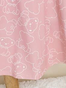 Baby Girl Sweet Cute Bear Print Long Nightgown, Short Sleeve, Sleepwear, Family Matching - Pink - View 5