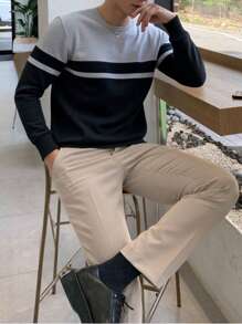 Manfinity Homme Men's Solid Color Panel Design Crew Neck Casual Long Sleeve Sweater