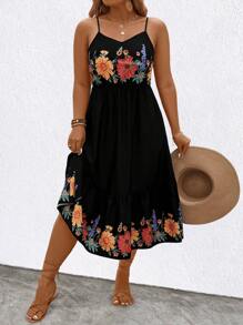 SHEIN Clasi 大码女式休闲节日花卉印花吊带裙 - 彩色 - 查看 7
