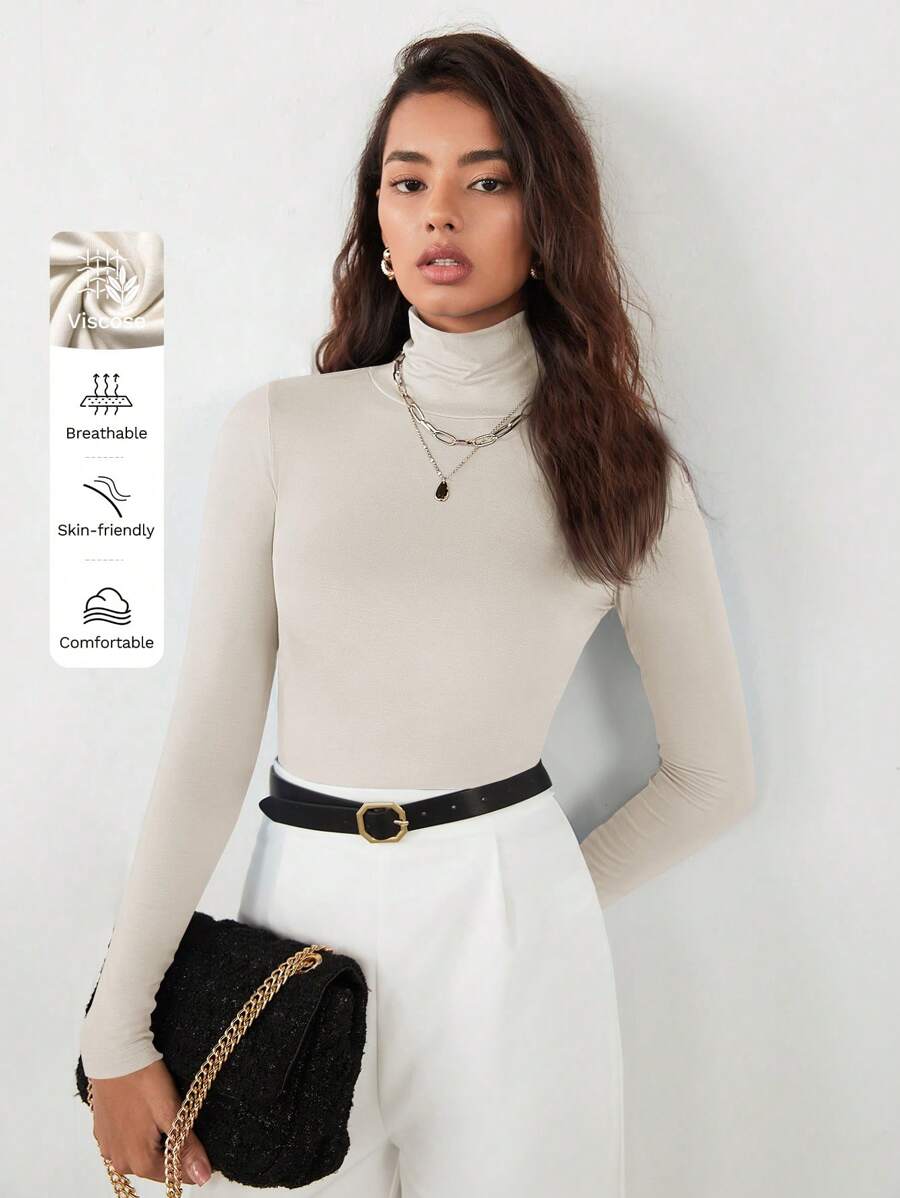 RueChic Solid Color Elastic Turtleneck Slim Fit Top Uniform - Beige - View 1