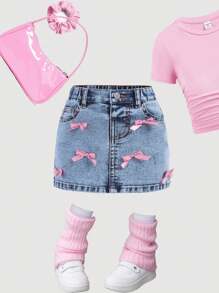 Maija Kids Maija Kids 女童 Y2K 可愛粉色蝴蝶結/藍色丹寧裙，兒童春夏休閒度假鄉村波希米亞風穿搭，海灘女孩街頭風女童服飾 - 淺色水洗藍 - 查看 5