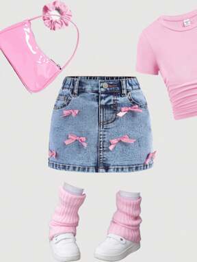 SHEIN Young Girl Y2K Cute Pink Bow /Blue Denim Short Skirt,Kid Girls Spring And Summer Casual Vacation Country Boho Wear, Beach Outfits For Kid Girls,Western Street Wear For Girl